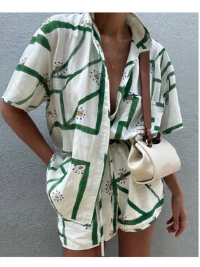 Commense Geometric Print Linen Blend Short and Top Vacation Set Small Oversized